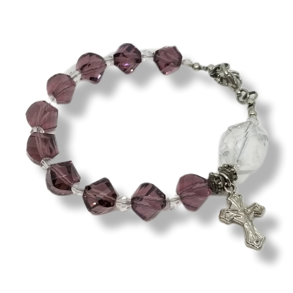 VINTAGE PURPLE AUSTRIAN CRYSTAL BEAD & SILVERTONE CROSS CHARM ROSARY BRACELET - Picture 5 of 8